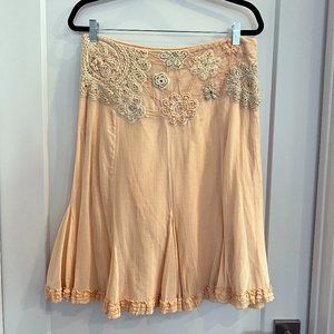 Odille Anthropologie Peach embroidered fit to flare skirt
